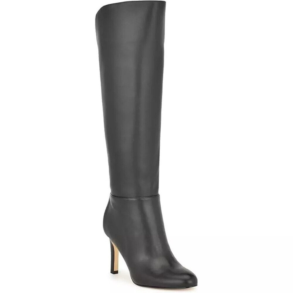 Nine West Sancha Boots Women's US 8.5 Black Leather Almond Toe Knee-High LION366